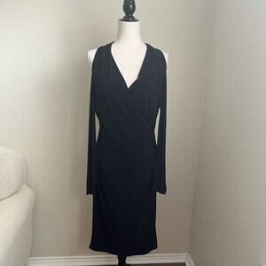 DKNY Black Cold Shoulder Midi V Neck Dress